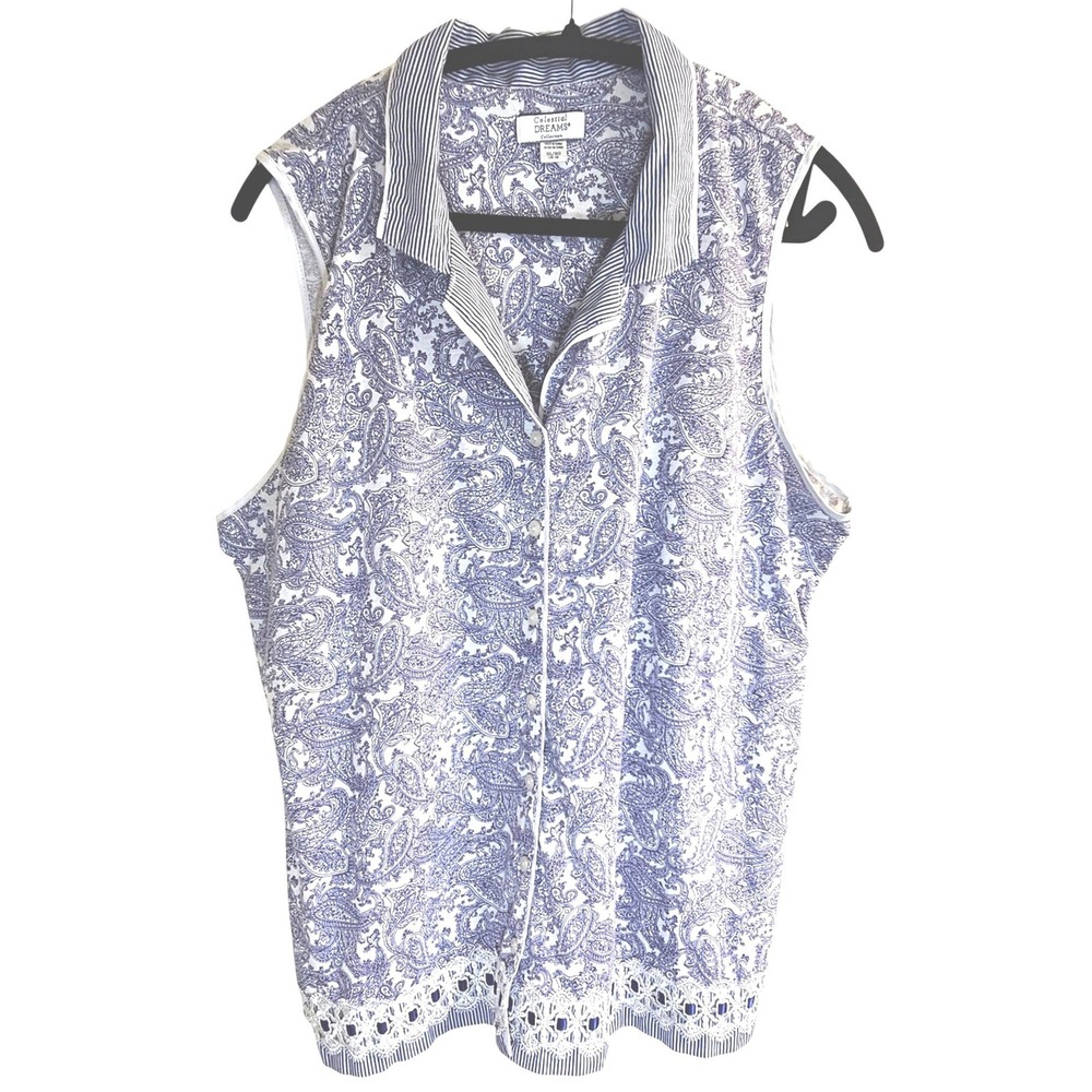 Celestial Dreams Blue Paisley Sleeveless Tunic Boho Cottagecore Womens XL